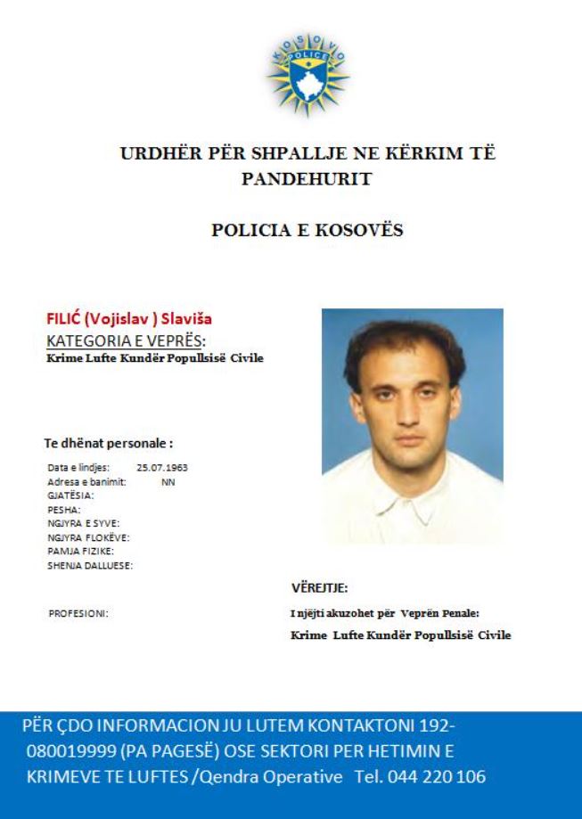 Policia u kërkon ndihmë qytetarëve për gjetjen e Filiq Slavisa, i akuzuar për krime lufte