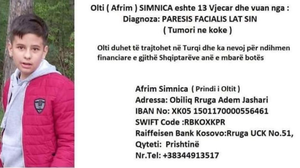 I diagnostikuar me tumor në kokë, 13 vjeçari nga Obliqi ka nevojë urgjente për ndihmën tuaj