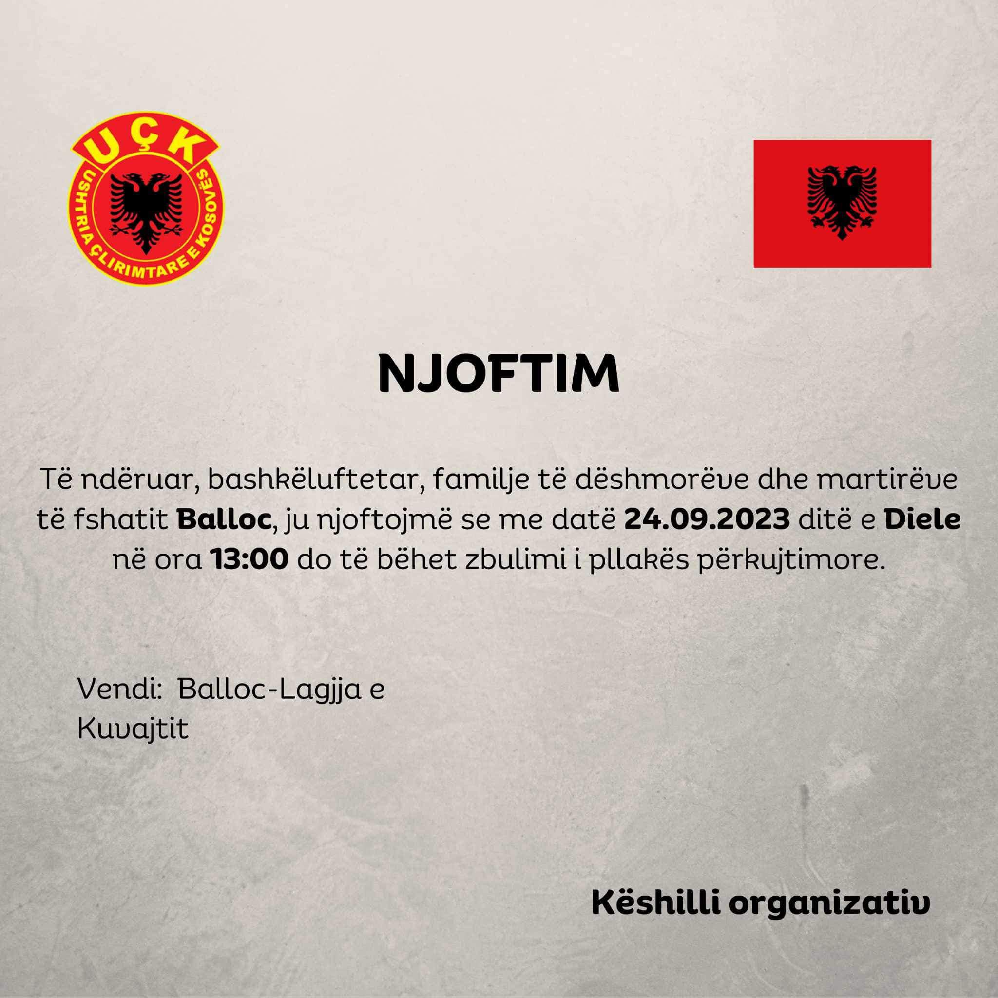 Nesër bëhet zbulimi i pllakës përkujtimore në fshatin Balloc në nderim të dëshmorëve të këtij fshati