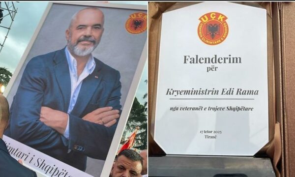 Veteranët e UÇK-së i dhurojnë Edi Ramës portret dhe pllakatë mirënjohjeje për mbështetjen ndaj protestës